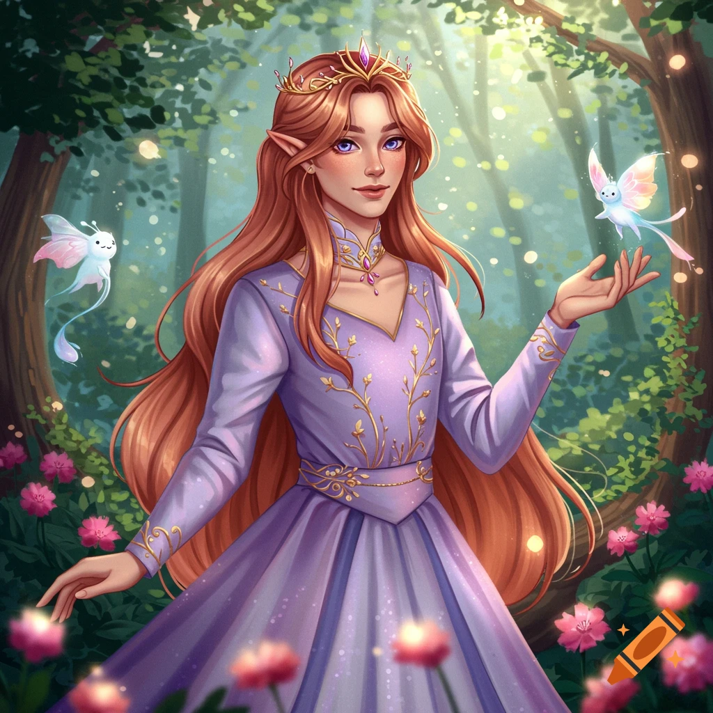 An elf princess in a purple dress and crown stands in a forest with glowing flowers and fairies.