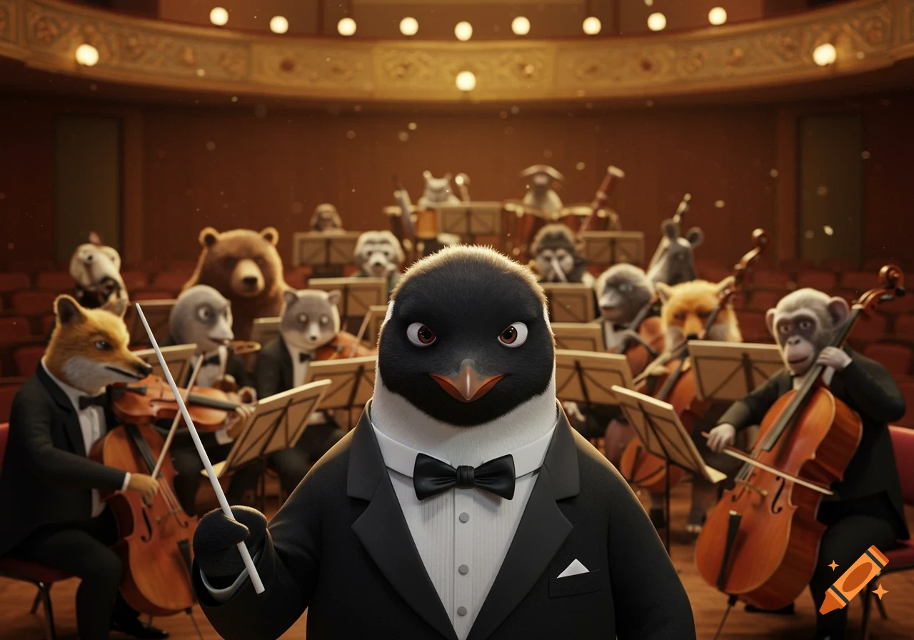 A cartoon penguin conducts an orchestra of various animals, including a bear, fox, and monkey, in a concert hall.