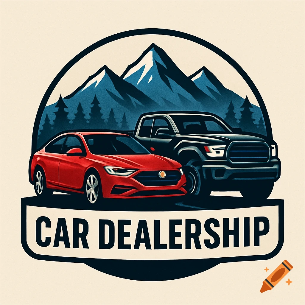 Logo featuring a red car, black truck, mountains, and 'CAR DEALERSHIP' text.