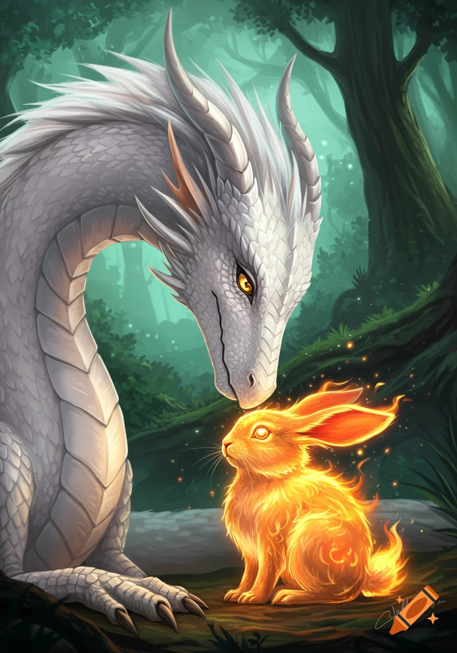 A large white dragon leans its head down to touch noses with a small glowing orange fire rabbit in a mystical forest.