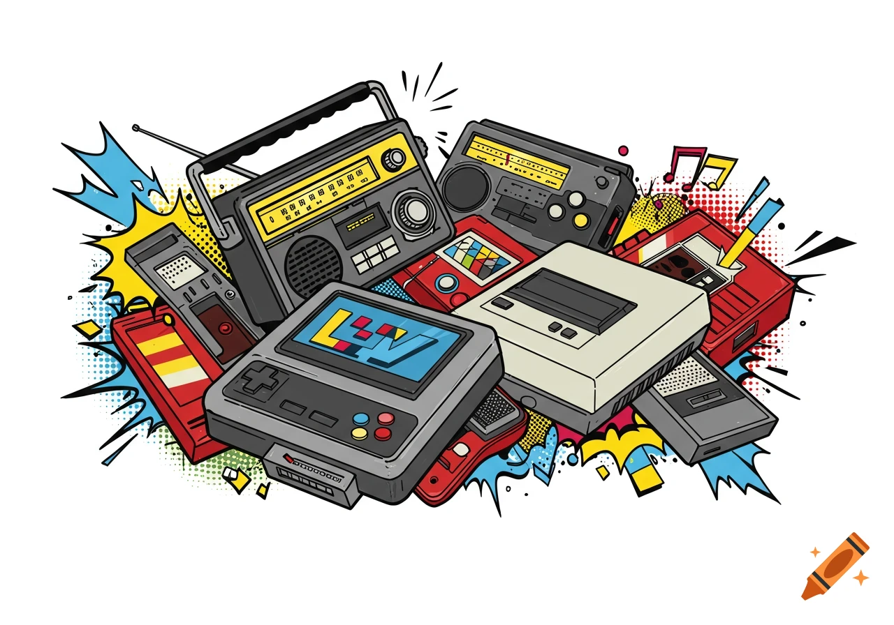 Pop art illustration of vintage radios and gaming consoles.