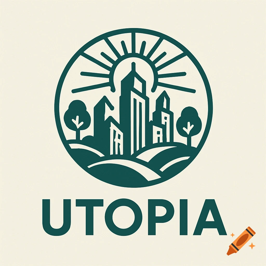 Graphic logo with stylized city skyline, hills, trees, sunburst, and the word UTOPIA below.