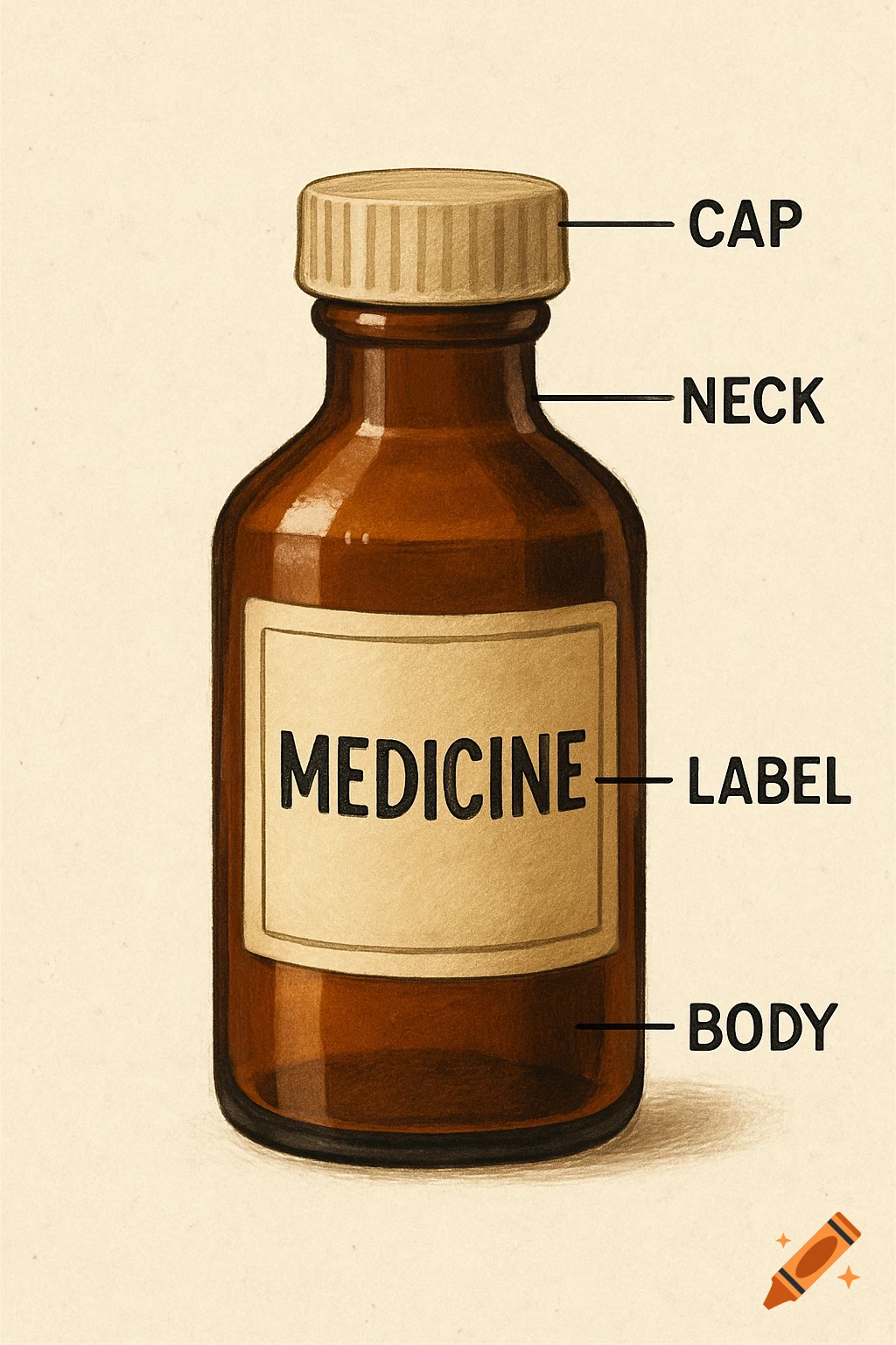 Diagram of a medicine bottle with cap, neck, label, and body labeled