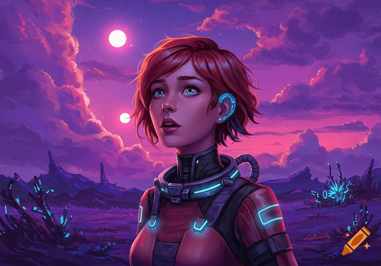 A short red-haired woman in a spacesuit looks up at two moons on a purple alien landscape.