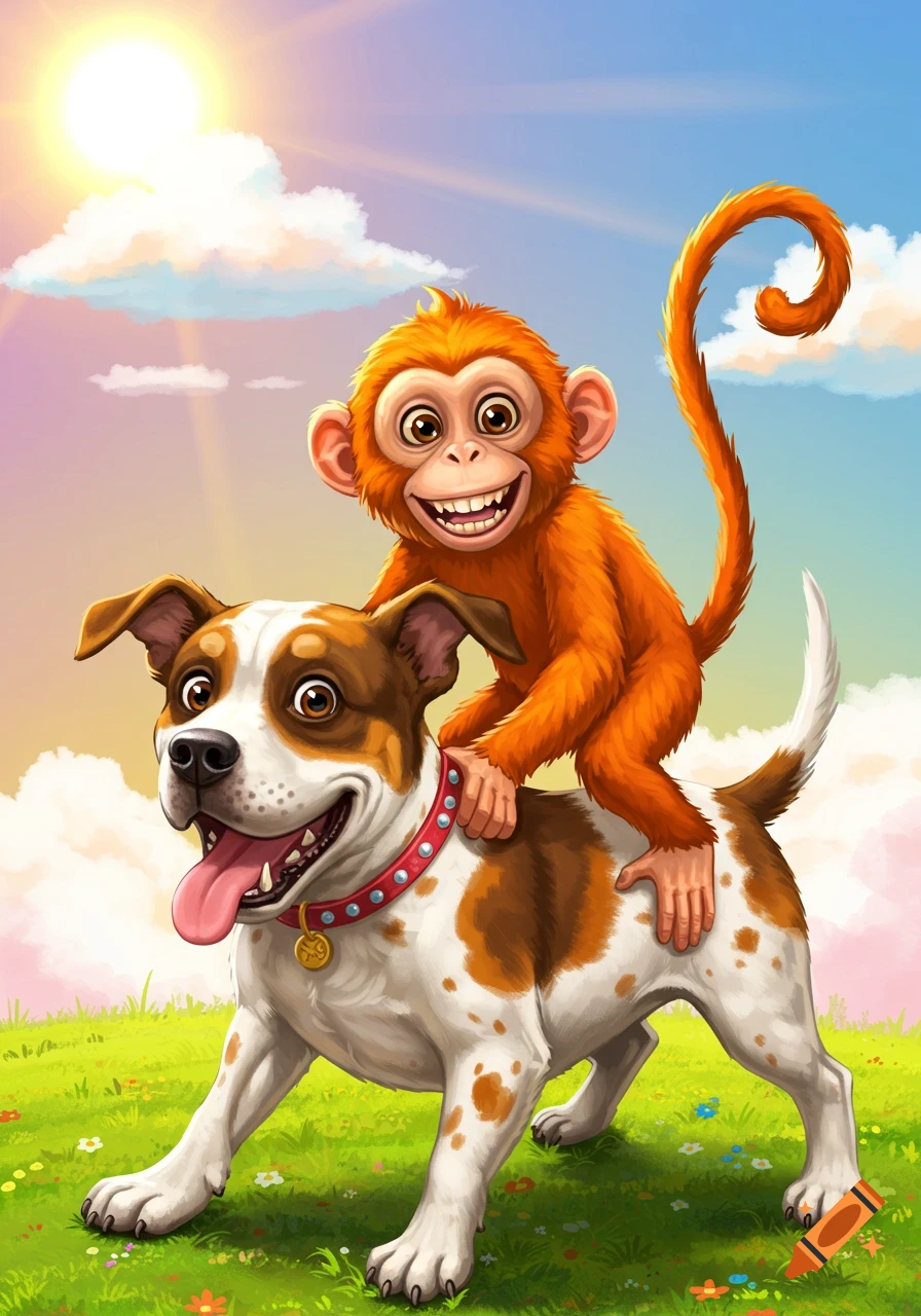 A cartoon monkey rides on the back of a cartoon dog in a sunny field.