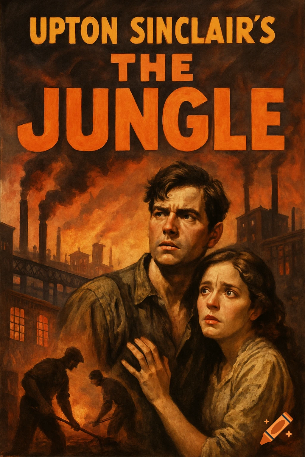 Painting of a man and woman looking concerned with a smoky industrial background, titled 'Upton Sinclair's The Jungle'.