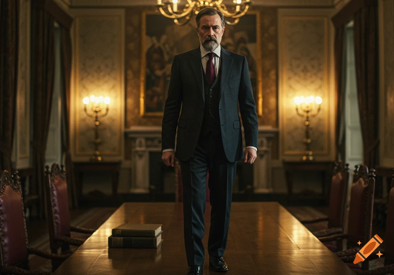 A man in a suit stands at a long table in an ornate, formal room.