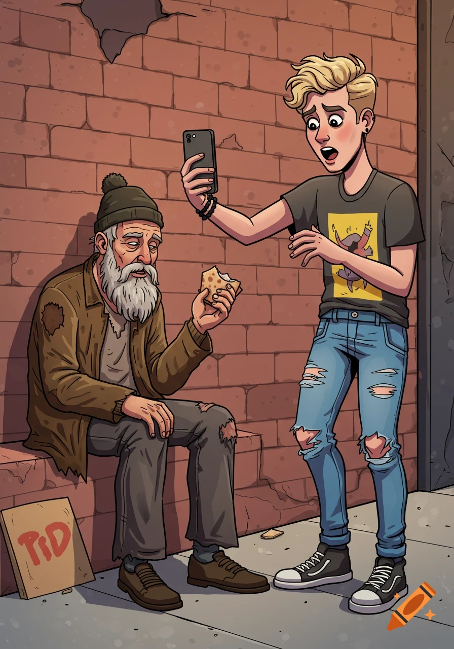 Illustration of a young person filming a homeless person eating on a step next to a brick wall.