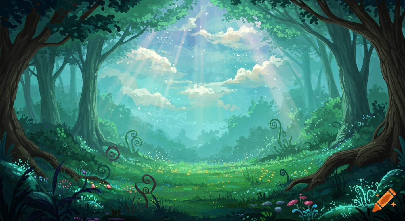 An enchanted forest clearing with sunlight streaming through the trees