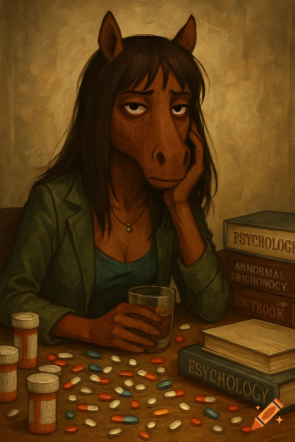 Sad anthropomorphic horse sits at table with pills, drink, and books.