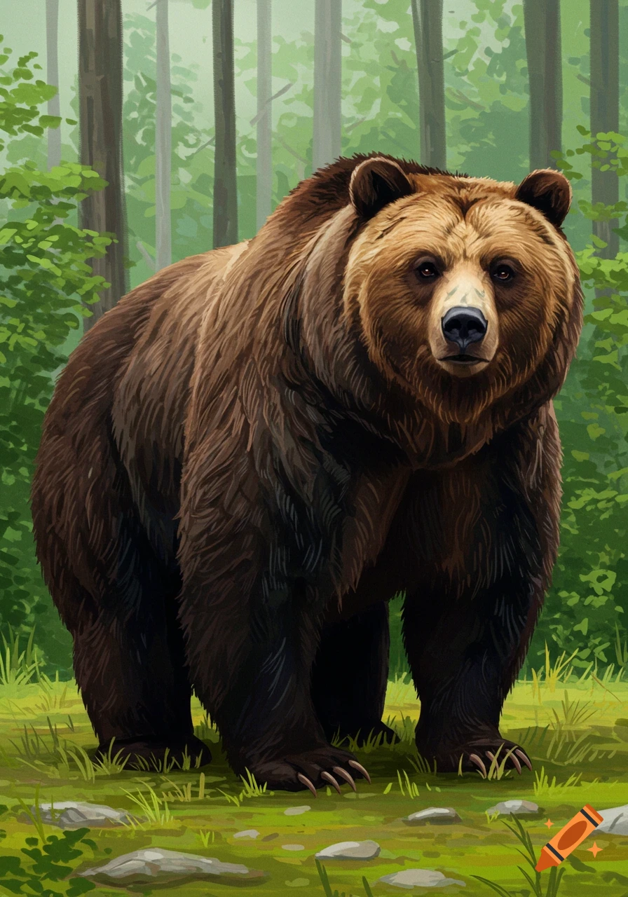 A brown bear stands in a forest clearing.