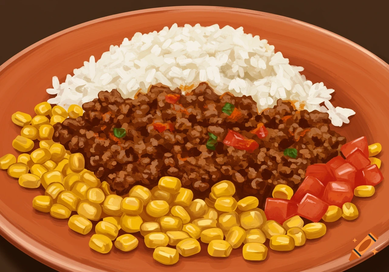 A plate of rice, ground beef, corn, and diced tomatoes.