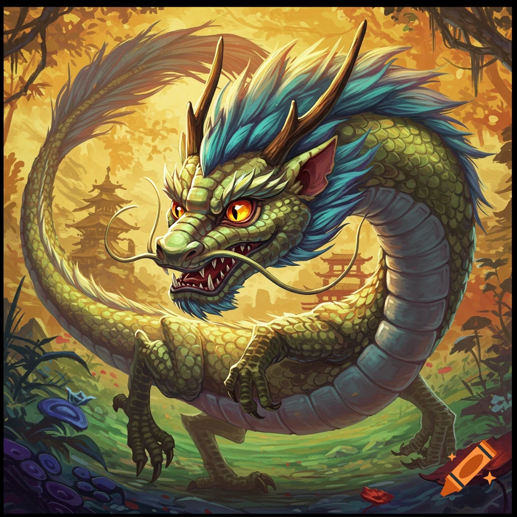 A green fantasy dragon stands in a forest with pagodas in the background.