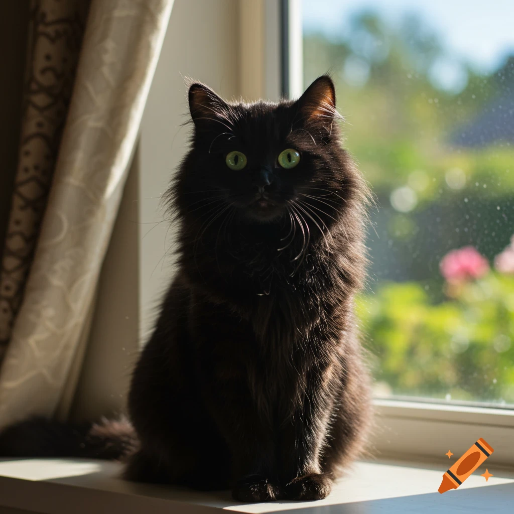 A long-haired black cat sits on a sunlit windowsill looking at the camera.