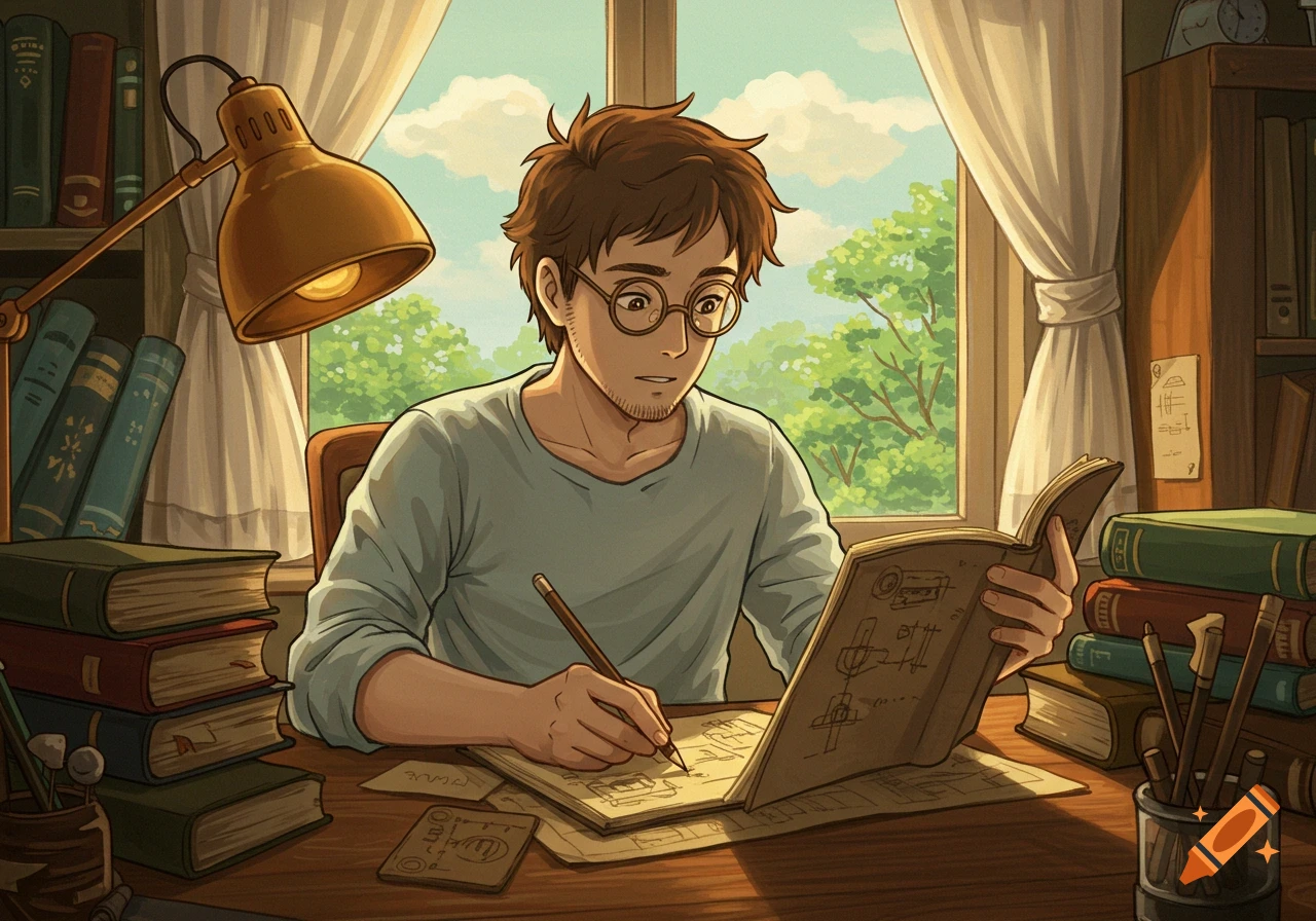Anime style illustration of a man with glasses studying at a desk filled with books.