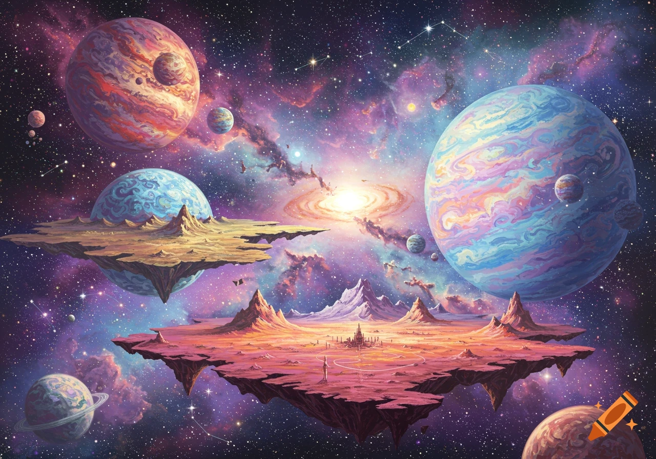 A vibrant space scene featuring colorful planets and floating island landscapes.