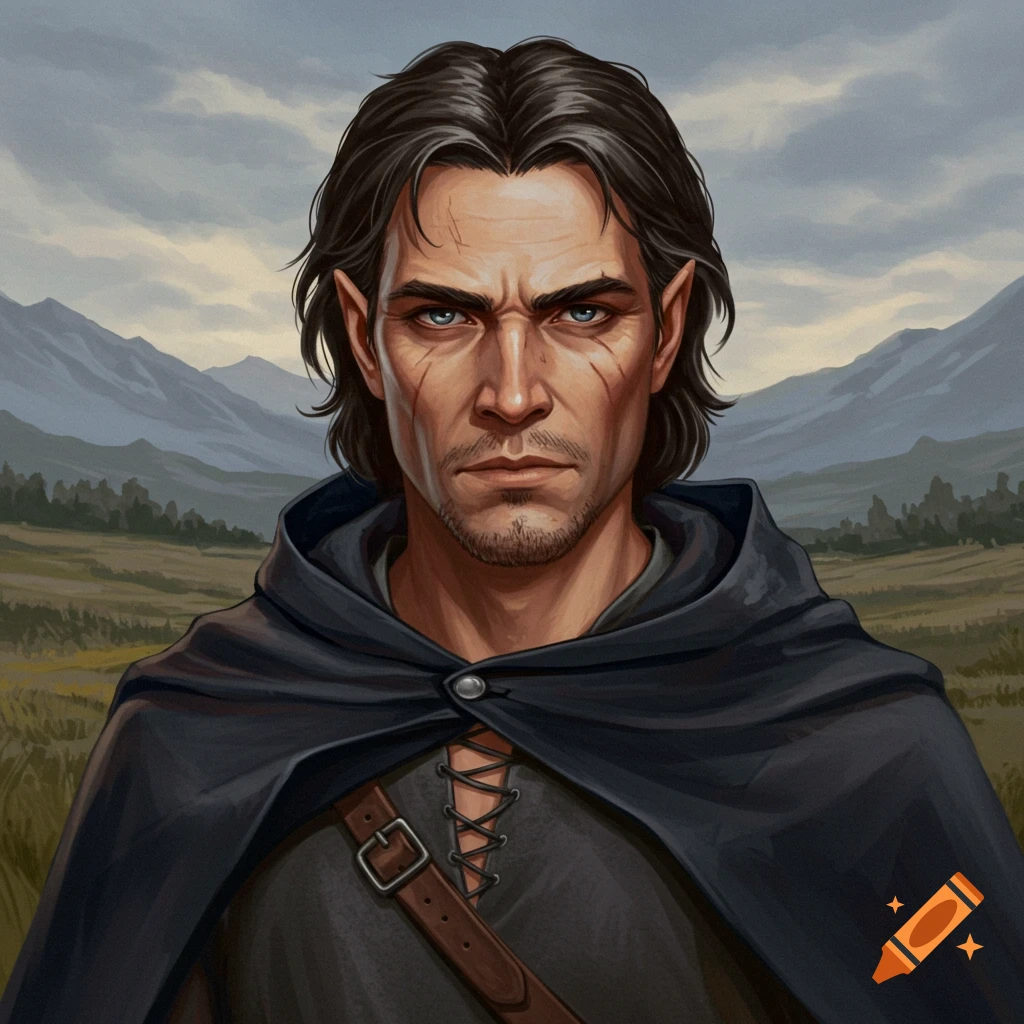 Fantasy portrait of a man with pointed ears and scars in a hooded cloak against a landscape, oil painting style.
