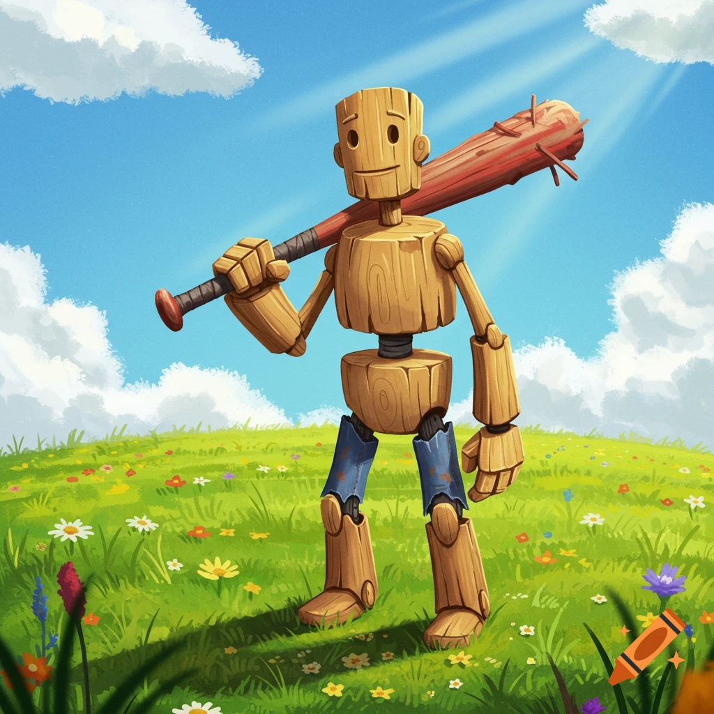 A wooden figure holding a baseball bat over its shoulder, standing on a flowery hill.