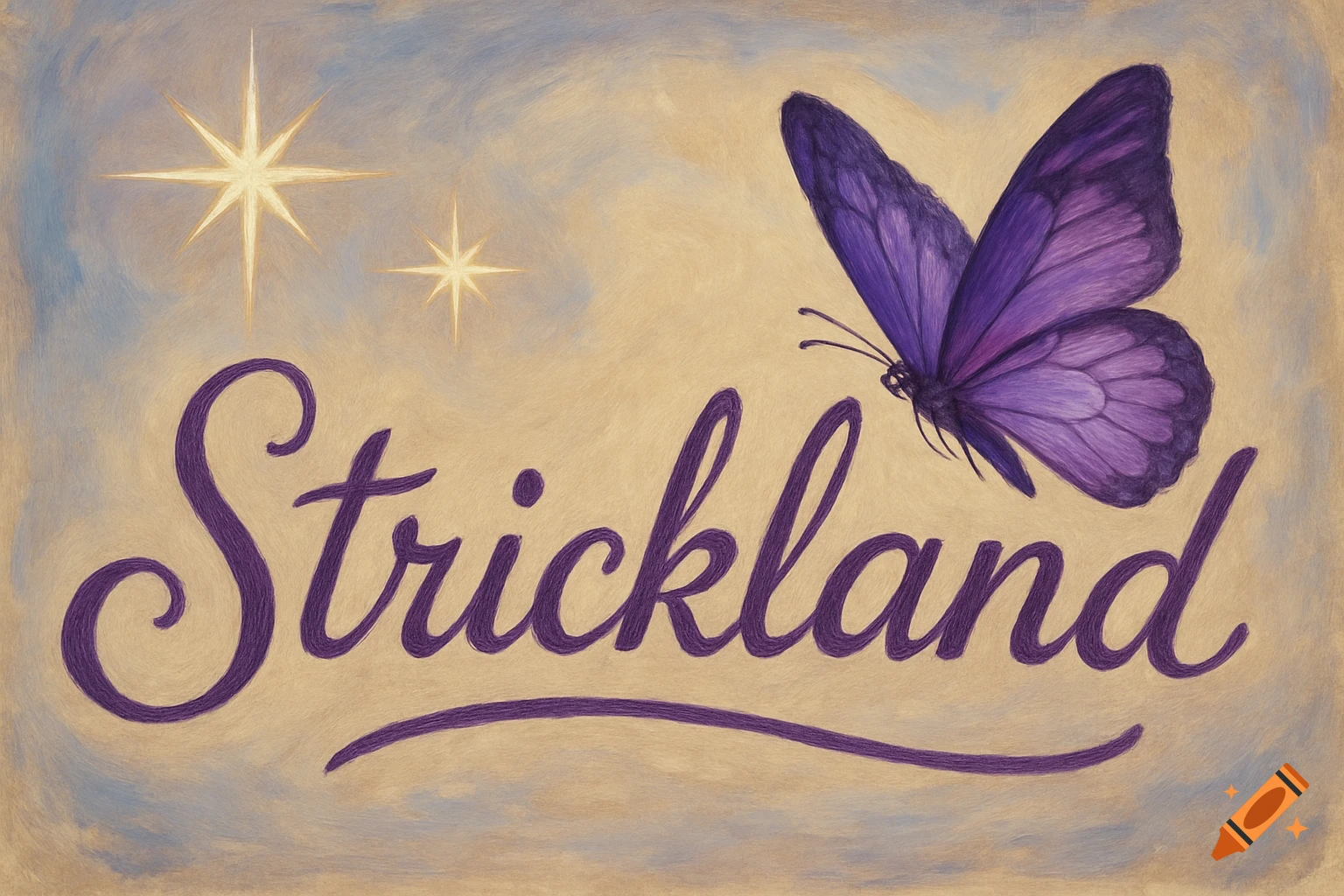 The name Strickland is written in purple cursive, with a purple butterfly and two shining stars against a cloudy background.