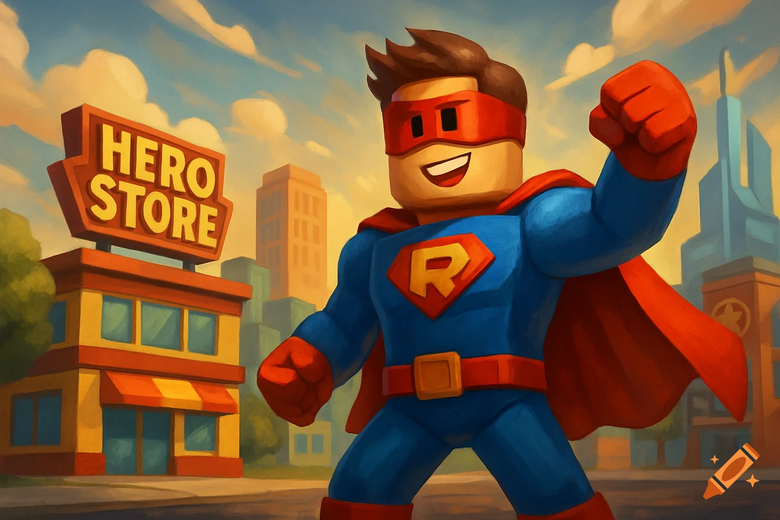 A blocky superhero figure in a blue and red suit stands in front of a Hero Store in a city.
