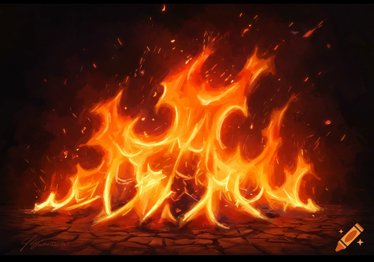 Bright orange and yellow flames and sparks against a dark background.