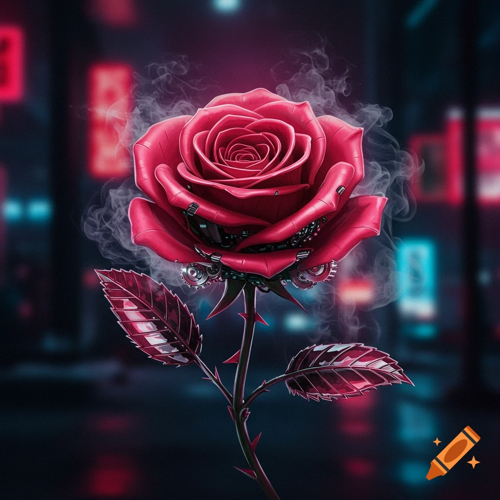A red mechanical rose against a blurred neon city background.