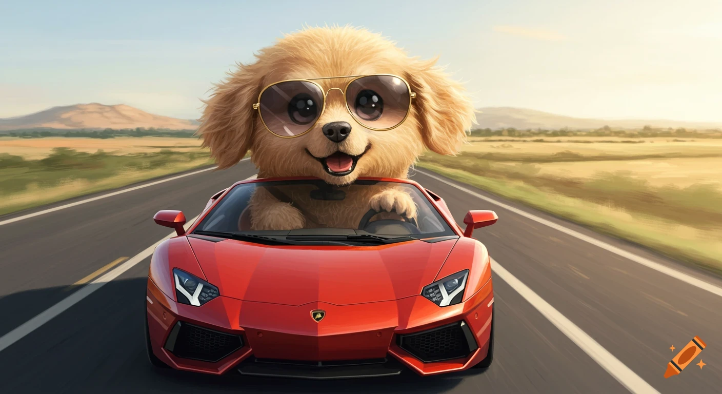 A cute golden retriever wearing sunglasses drives a red sports car on a highway.