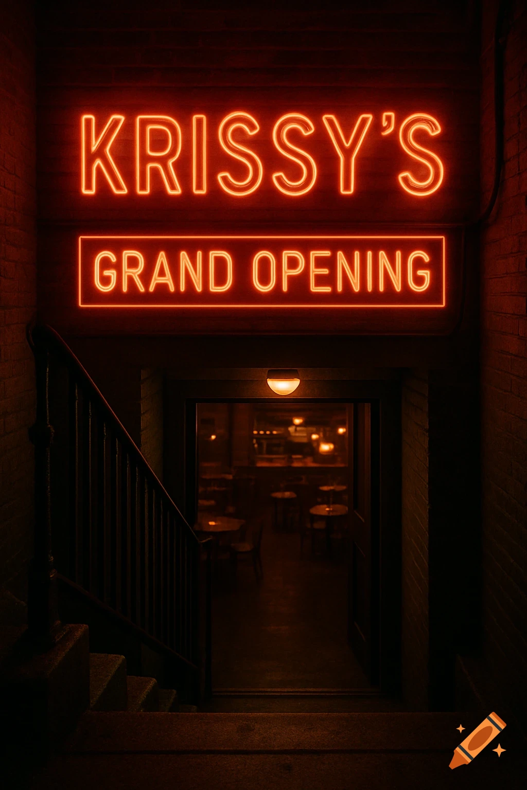 Neon sign for 'Krissy's Grand Opening' above an underground restaurant entrance.