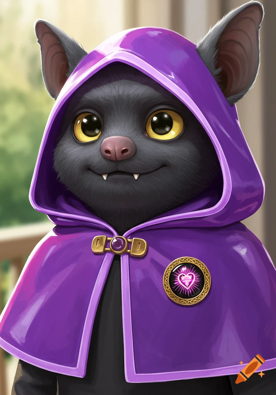 A cute bat is depicted wearing a purple hooded cape adorned with a glowing heart brooch.