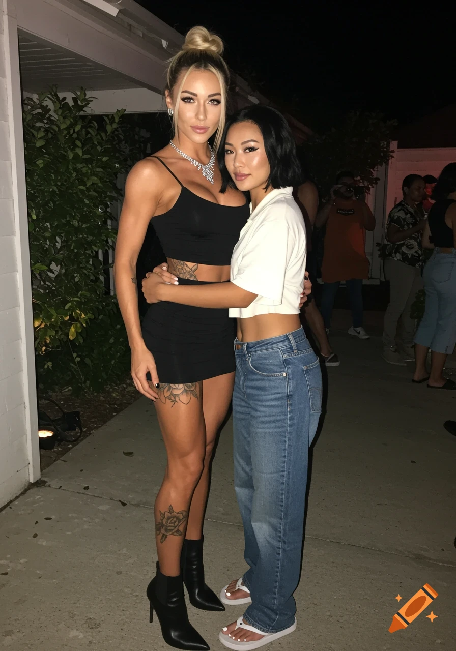 Two women pose together at a party. One is taller in a black dress and boots, the other shorter in a white shirt and jeans.