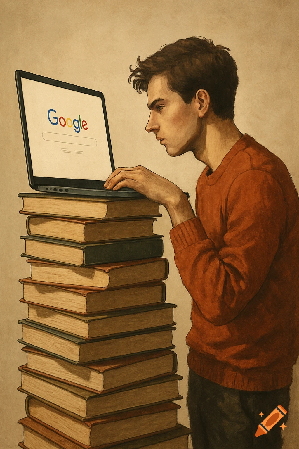 A young man using a laptop on a tall stack of books.