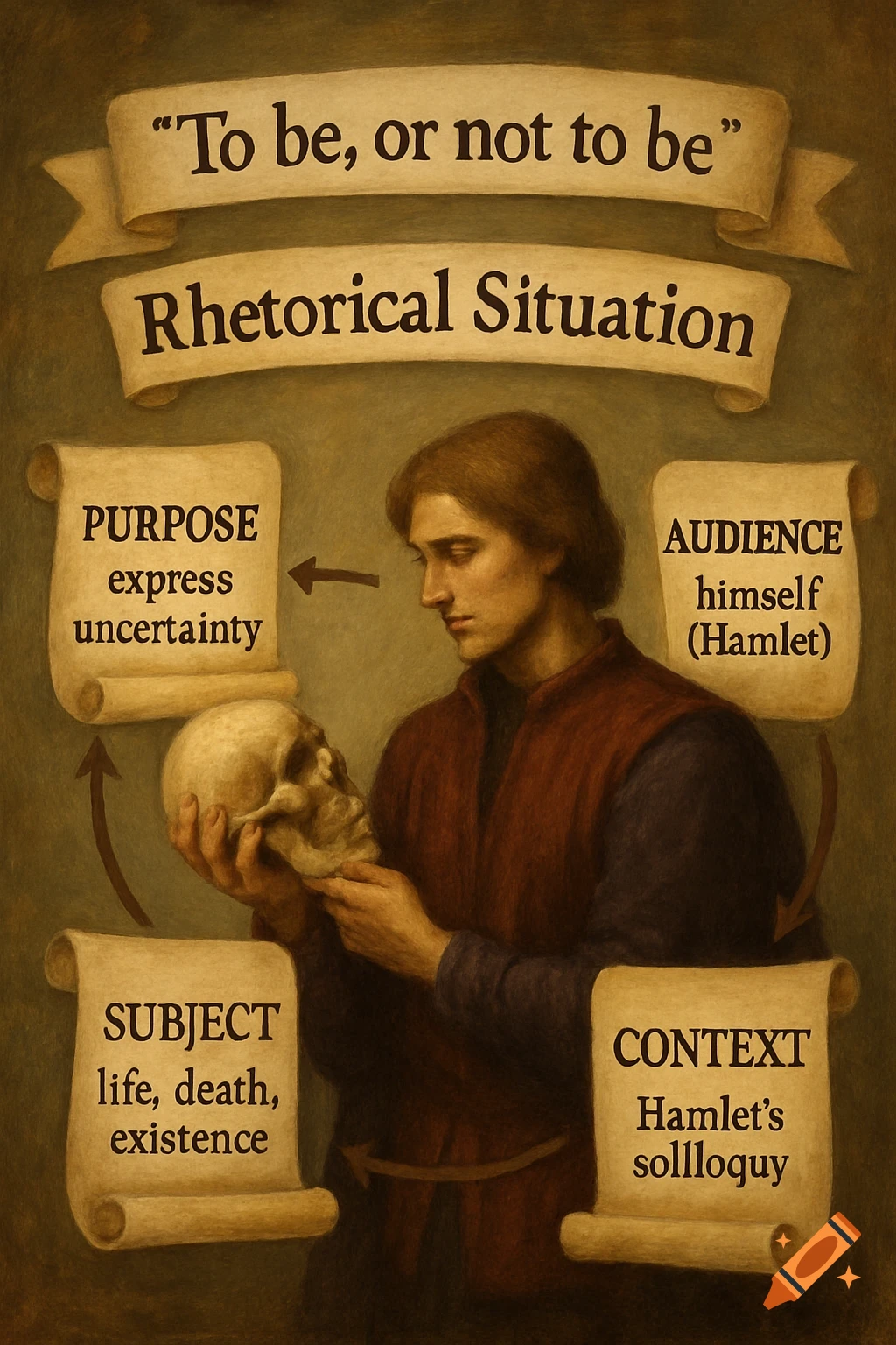Hamlet holding a skull, surrounded by scrolls explaining the rhetorical situation of his famous soliloquy.
