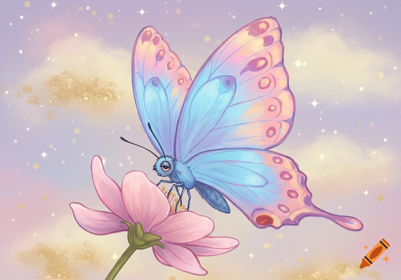 Whimsical image of an exhausted pastel butterfly sitting on a pink flower.