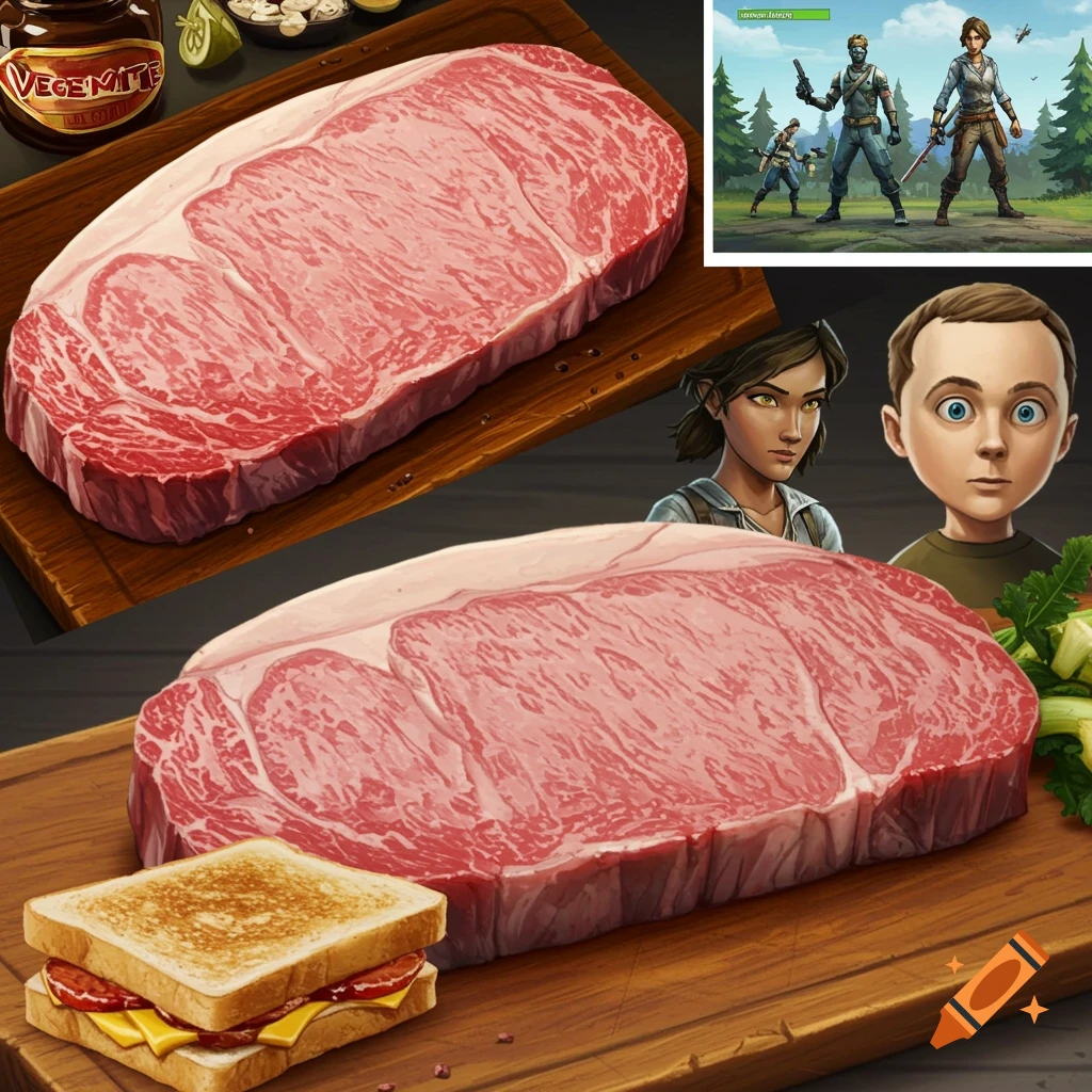 Showing a steak, sandwich, game scene, and characters from various media.
