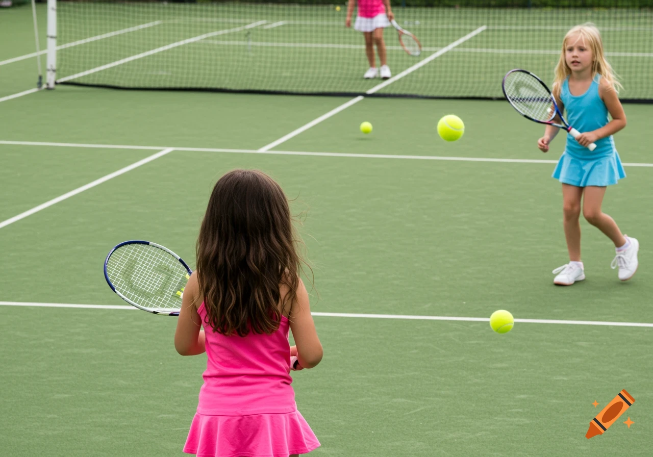 Two young girls play tennis on a green court on a sunny day. Photorealistic.