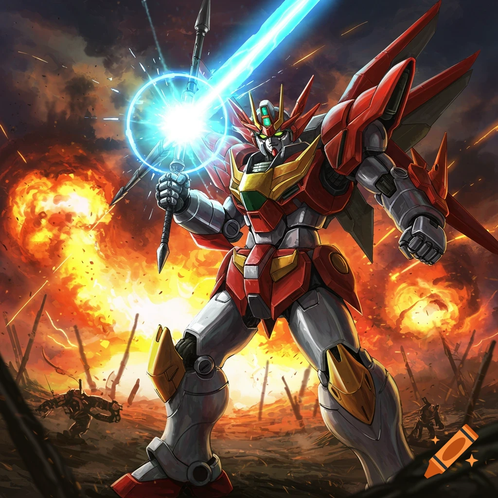 A red and silver mecha holds a glowing sword in a battlefield with explosions.