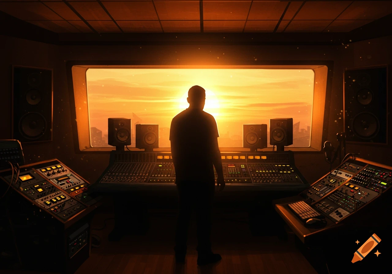 A silhouette of a person in a music studio looking out a window at sunset.