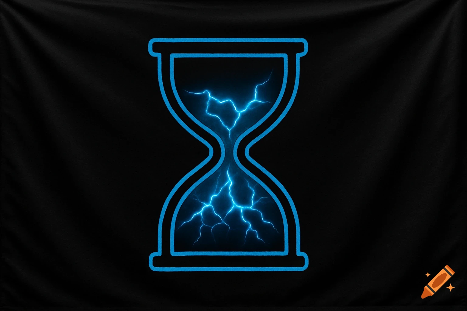 A black flag with a blue hourglass filled with bright blue lightning.