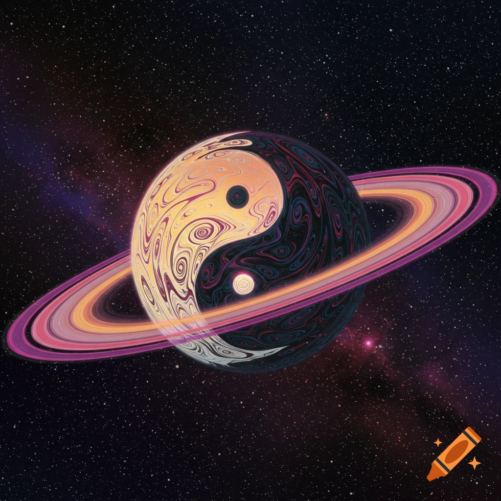A planet with a Yin Yang pattern and rings is in space.