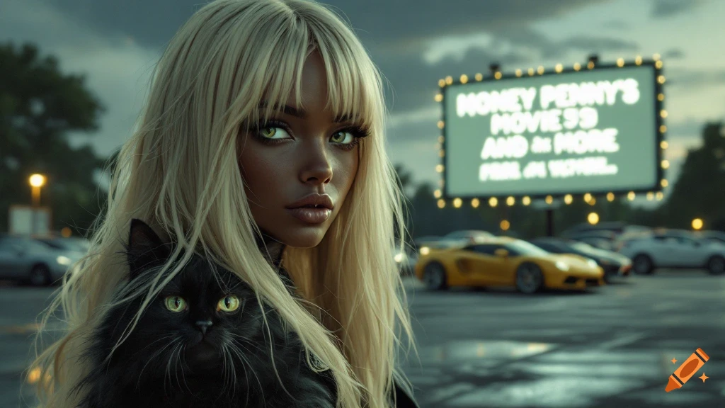 A woman with blond hair holds a black cat with green eyes at a drive-in movie theatre. Fancy sports cars are parked in the background.