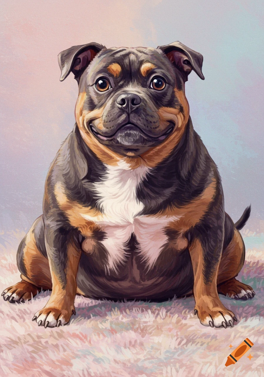 A chubby brown and black dog with a white chest is sitting and smiling.