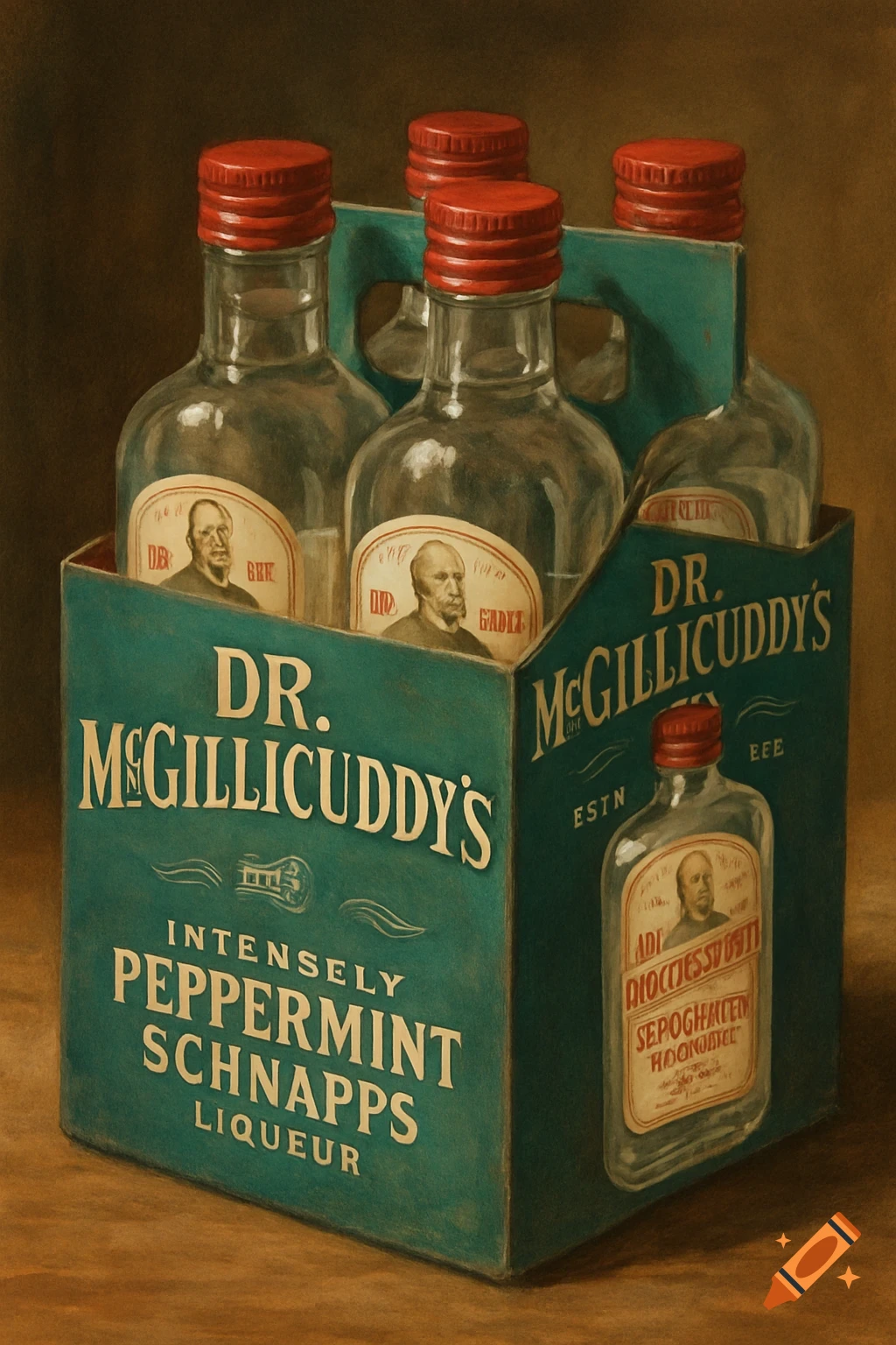a six-pack carrier holding bottles of Dr. McGillicuddy's Peppermint Schnapps Liqueur.