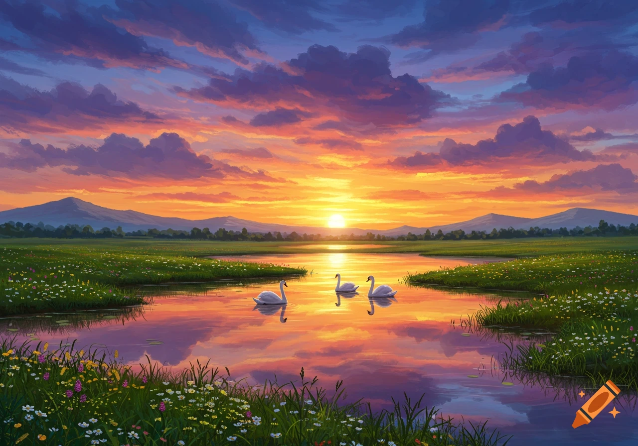 Swans on a lake at sunset with mountains in the background