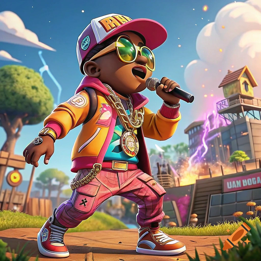 Stylized rapper character like from Fortnite singing into a microphone ...