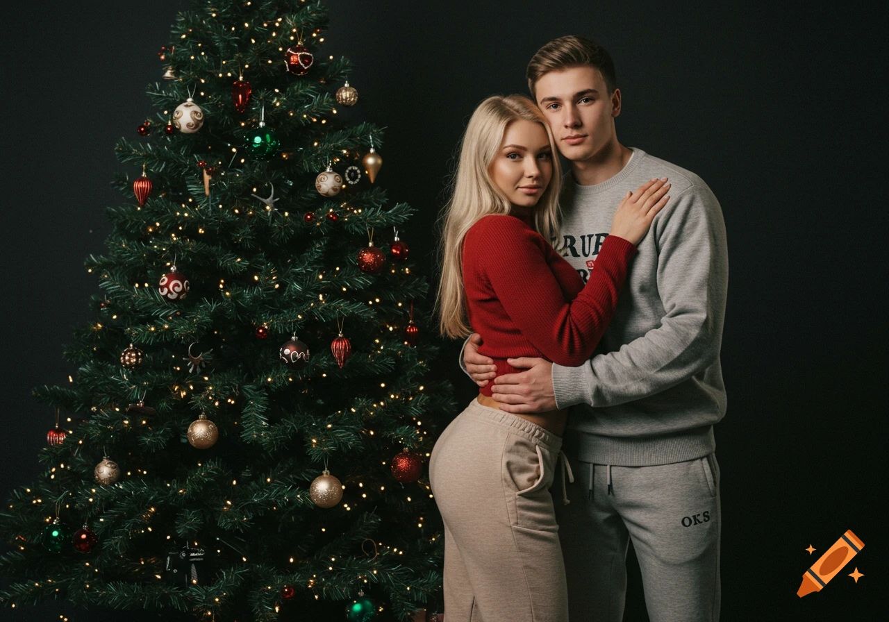 A couple poses next to a decorated Christmas tree.