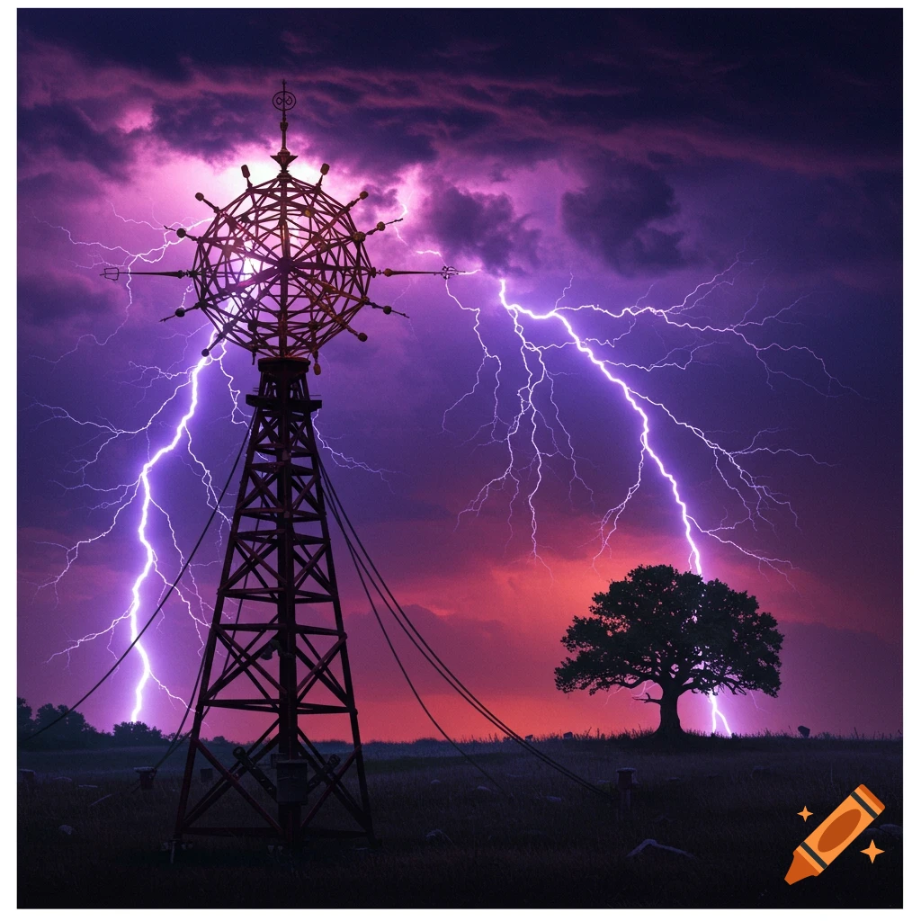 A structure and tree are silhouetted against a purple and red stormy sky with lightning striking.