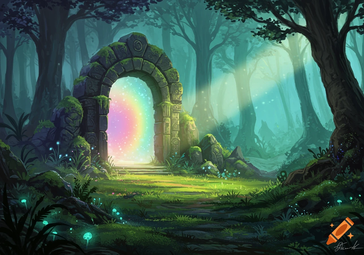 A fantasy forest with a rainbow portal in a mossy stone archway.