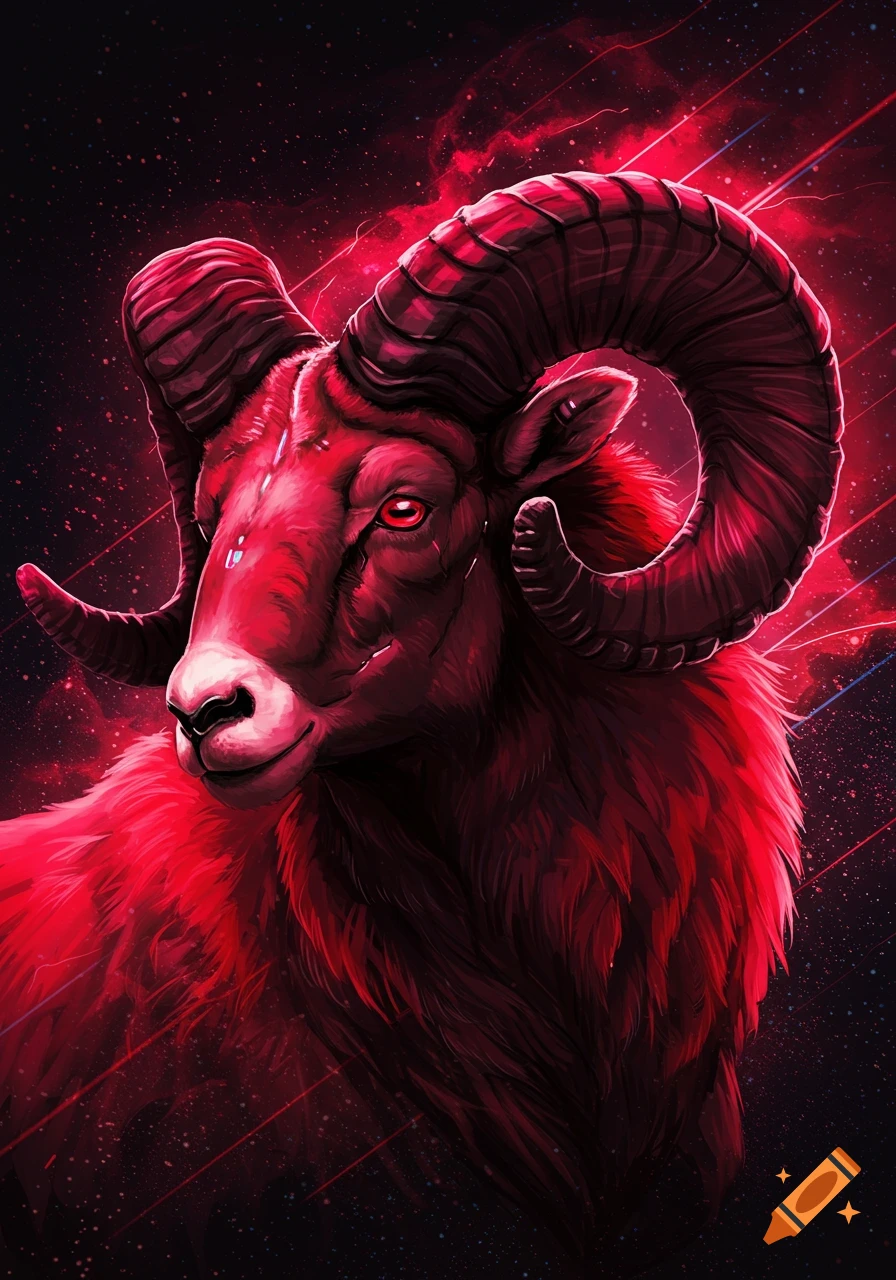 A red ram with large horns and glowing eyes is set against a starry space background.