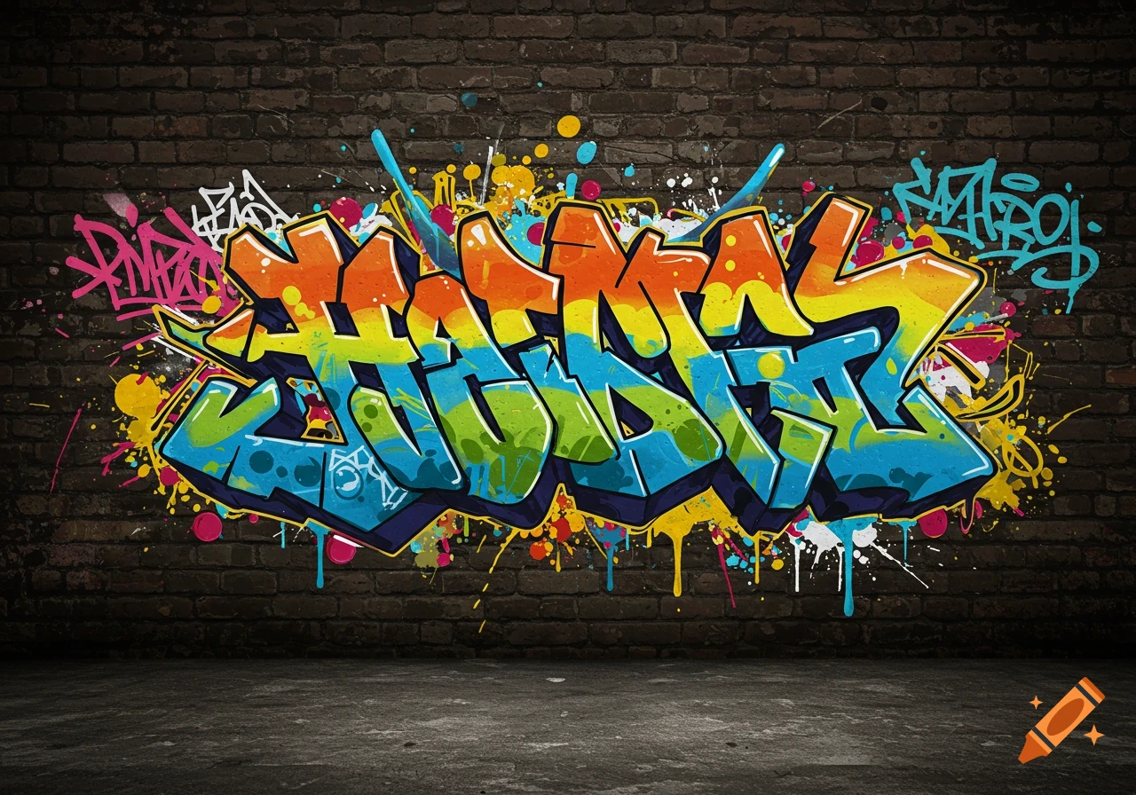 Colorful abstract graffiti on a brick wall.
