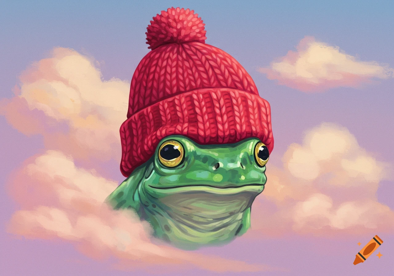 A frog wearing a red beanie floating in clouds